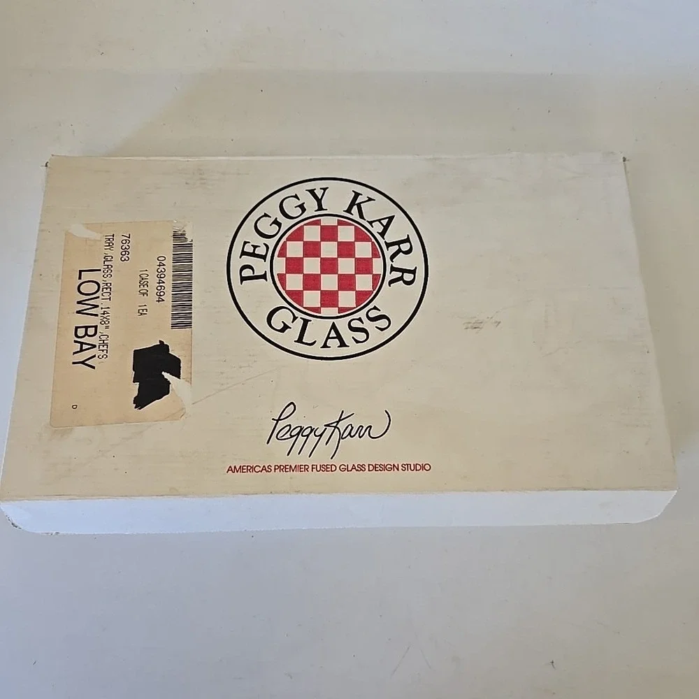 Peggy Karr Signed Chef W Wine Bistro Fused Glass Tidbit Plate Checkered 13.5x7.5